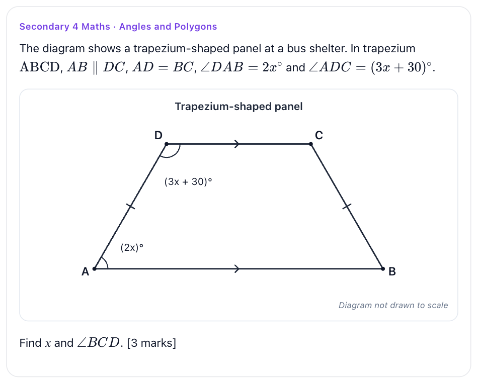 Trapezium with parallel arrows, equal-side ticks and labelled angles